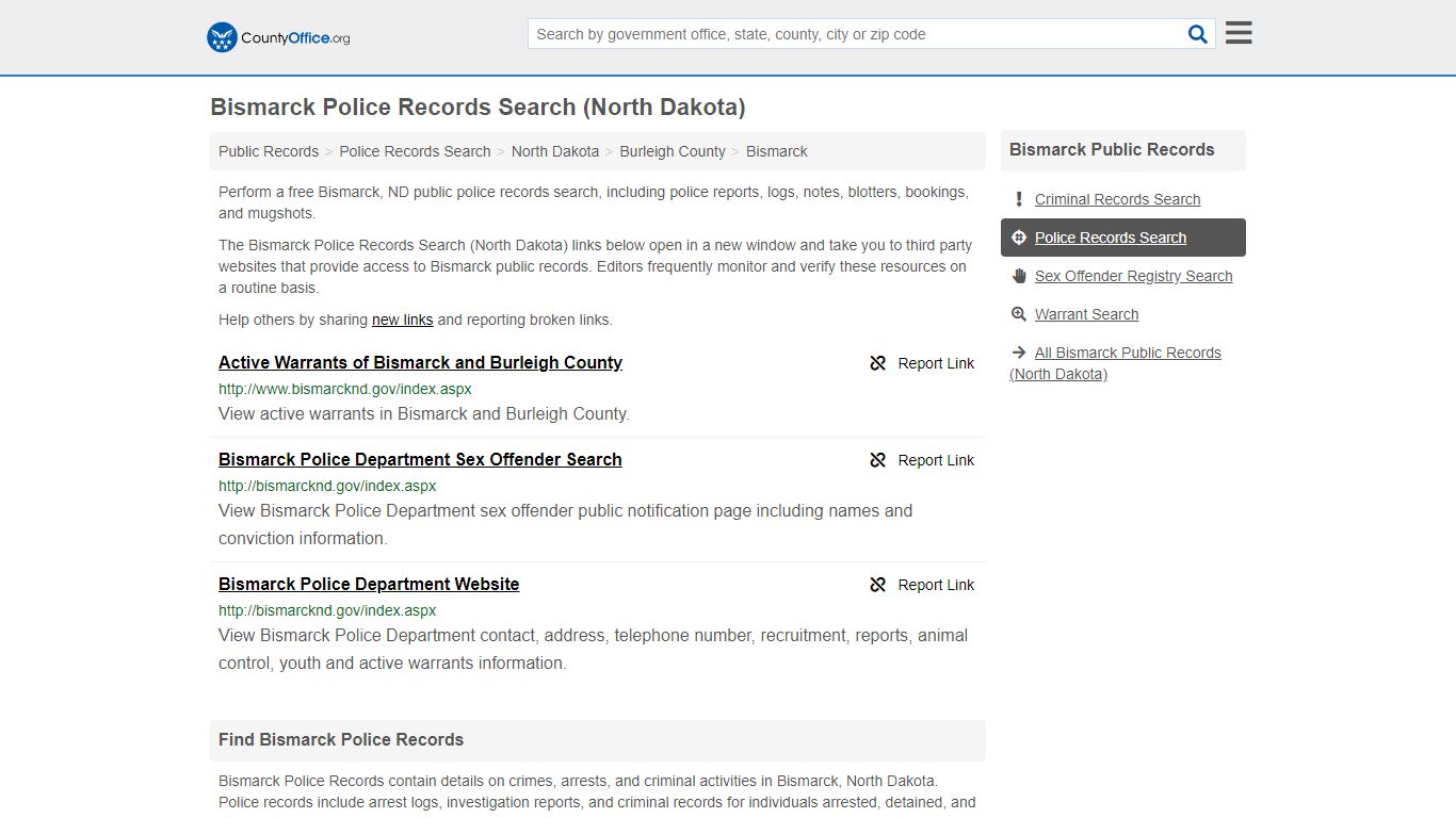 Bismarck Police Records Search (North Dakota) - County Office